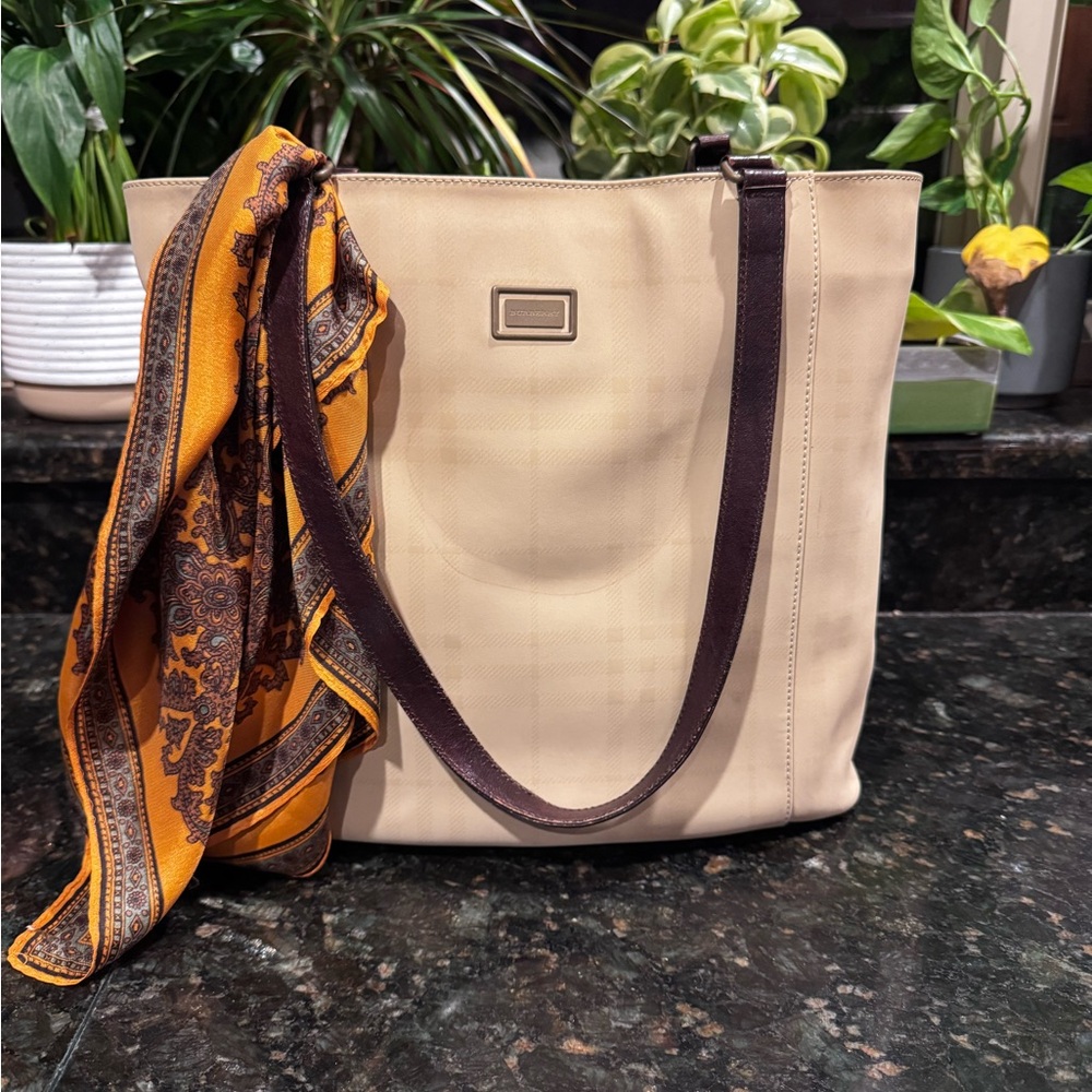 Burberry Cream Tote with Orange Scarf Accent